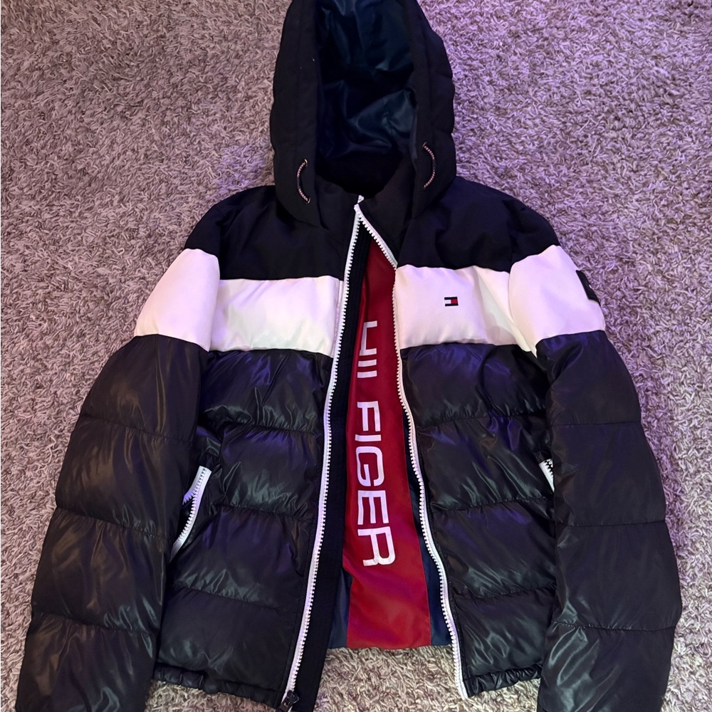 Tommy Hilfiger Black and White Puffer with Red Lining